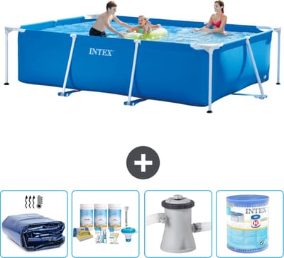 Intex Rechthoekig Frame Zwembad - 300 x 200 x 75 cm - Blauw - Inclusief Solarzeil - Onderhoudspakket - Zwembadfilterpomp - Filter - 5-delig