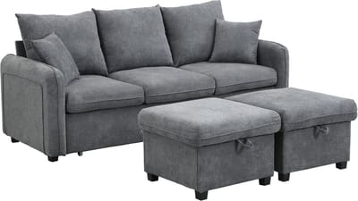 Multifunctionele hoekbank U-vormige driezitsbank met opbergfunctie – inclusief lades + voetenbank met opbergvak – modulair demonteerbare bankstel met slaapfunctie – chenille bekleding