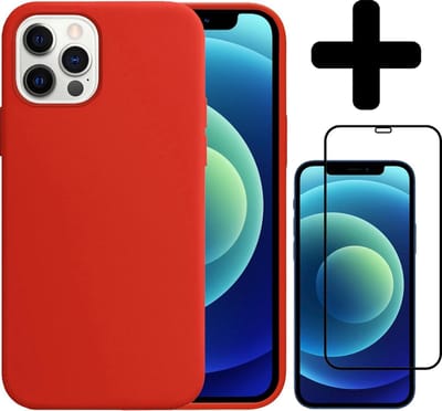 Hoesje - Met Screenprotector - Geschikt voor Apple iPhone 12 Pro - Sterk & Shockproof - Telefoon Hoes - Back Cover - Siliconen Case - Telefoonhoes - Rood