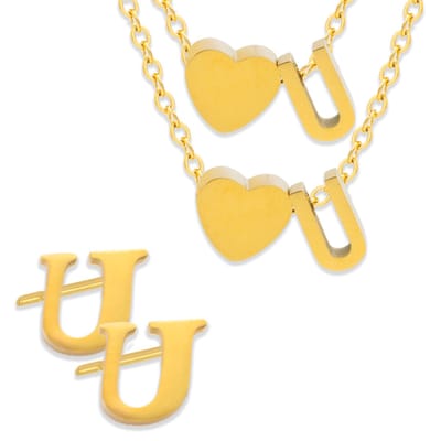 Initiaal Ketting & Armband & Oorbellen set met Letter U Goudkleurig - Stainless Steel - Met letter & Hartje! - 3x Sieraden Cadeau - Pax Amare