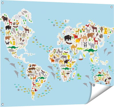 Gards Tuinposter Wereldkaart met Dieren - 100x80 cm - Tuindoek - Tuindecoratie - Wanddecoratie buiten - Tuinschilderij