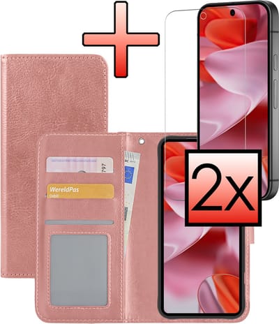 Hoesje - Met 2x Screenprotector - Geschikt voor Google Pixel 10 - Luxe Pasjeshouder - Bookcase Portemonee - Flip Case - Kunstleer Book Case - Flipcase Hoes - Book Cover - Walletcase - Portemonneehoes - Rosé goud