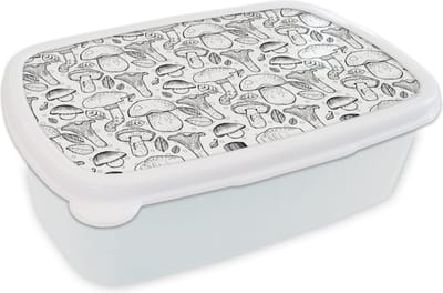 Broodtrommel Wit - Lunchbox - Brooddoos - Paddenstoel - Zwart Wit - Patronen - 18x12x6 cm - Volwassenen