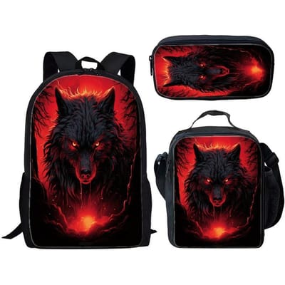 Drie delige set met Wolf thema voor Kinderen en Basisschoolleerlingen, Rugzak met Grote Capaciteit, Lunchbox, Etui