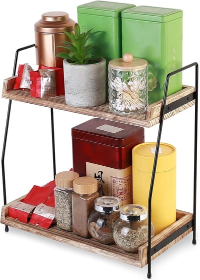 Famanu – Koffieorganizer station voor aanrecht – Houten keukenrek voor koffiebar accessoires, koffiecups, suiker en lepels – Staand kruidenrek voor thuis en kantoor