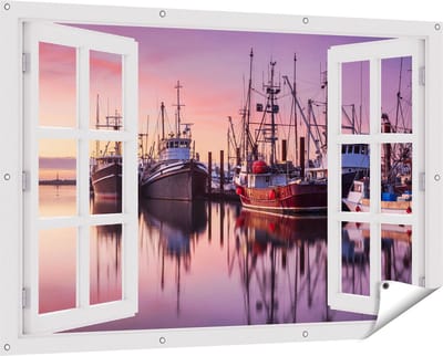 Gards Tuinposter Doorkijk Schepen in de Haven - Boten - 150x100 cm - Tuindoek - Tuindecoratie - Wanddecoratie buiten - Tuinschilderij