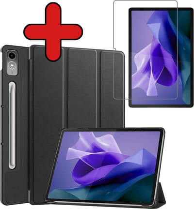 Hoesje - Geschikt voor Lenovo Tab P12 - Met Screenprotector - Trifold Bookcase Hoes - Hard Cover Case - Met Uitsparing Geschikt voor Lenovo Pen - Hardcover Book - Tablethoes - Zwart