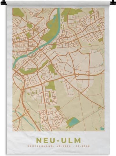 Wandkleed - Wanddoek - Stadskaart - Neu-Ulm - Kaart - Plattegrond - Vintage - 120x180 cm - Wandtapijt