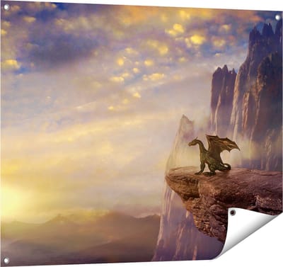 Gards Tuinposter Draak op een Rots bij Zonsondergang - 100x80 cm - Tuindoek - Tuindecoratie - Wanddecoratie buiten - Tuinschilderij