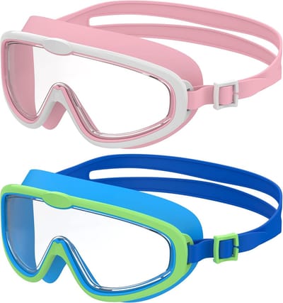 SnelShoppen - Pack van 2 Zwembrillen voor Kinderen - Grote Frame, Anti Fog, UV Bescherming, Snelle Verstelling, Silicone Seal, Unisex voor 3-14 Jaar,