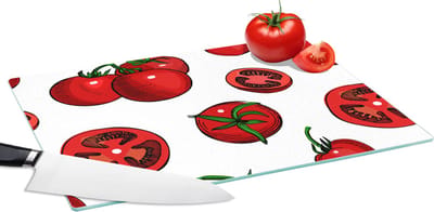 Glazen Snijplank - 39x28 - Rood - Patronen - Tomaten - Snijplanken Glas