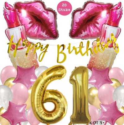 Snoes Mega Beauty Helium Ballonnen Set 61 Jaar - Roze Helium Folieballonnen - Slinger Happy Birthday Goud