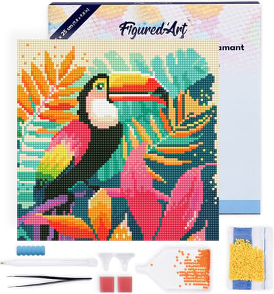 Figured'Art Mini Diamond Painting set Volwassenen 25x25 cm met lijst Tropische Toekan - 5D DIY Art full drill ronde diamant - Canvas al ingelijst