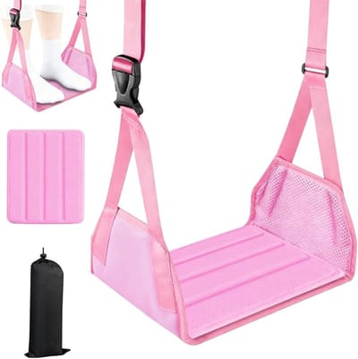 Hangende Voetensteun voor Vliegtuig, Verstelbare Beensteun voor Reizen, Comfortabele Voet Hammock voor Lange Afstanden en Ontspanning in het Kantoor (Roze)