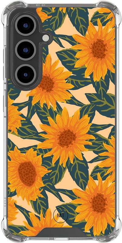 Hoesje (shockproof) geschikt voor Samsung Galaxy S24 FE - Zonnebloemen - Extra sterke case - TPU/polycarbonaat - Bloemen - Oranje, Transparant