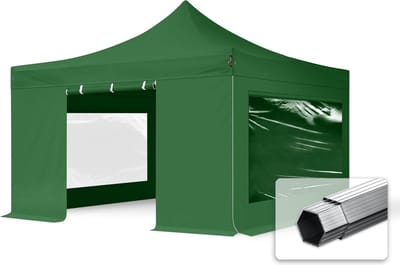 4x4 m Easy Up partytent Vouwpaviljoen met zijwanden (2 panorama), PROFESSIONAL alu 40mm, donkergroen