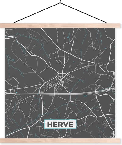Posterhanger incl. Poster 40x40 cm - Schoolplaat - Plattegrond – Herve – Blauw – Stadskaart - Kaart - Textielposter - Blanke latten - Stadskaart