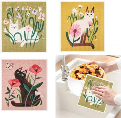 LIVIA HOME- Poetsdoeken Set van 3 - Herbruikbare Vaatdoeken - Absorberend - Sneldrogend - Kittenpatroon - Zweedse Theedoeken