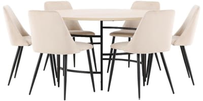 Copenhagen eethoek tafel Ø140cm en 6 stoelen whitewash, beige.