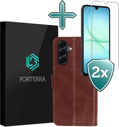 Hoesje Met 2x Screenprotector - Geschikt voor Samsung Galaxy A17 - Luxe Pasjeshouder - Flip Case - Bookcase Portemonee - Kunstleer Book Case - Flipcase Hoes - Book Cover - Walletcase - Portemonneehoes - Bruin