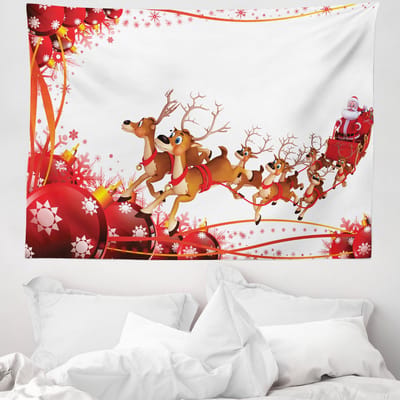 ABAKUHAUS Wandtapijt en sprei met kerstman, kerstballen en rendieren, 150 x 110 cm, wit en rood