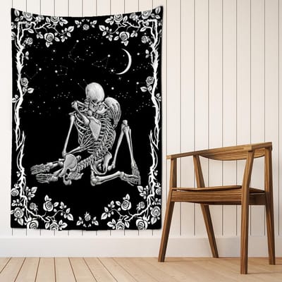 Lovers Skull Wandtapijt Muurhanger Hekserij Zwart-wit Romantisch Skelet Hallucinerend Tapitz Slaapzaal Woondecoratie 95x70CM white