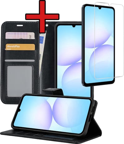Hoesje - Met Screenprotector - Geschikt voor Samsung Galaxy A07 - Luxe Pasjeshouder - Flipcase - Bookcase Portemonee - Flip Case - Kunstleer Book Case - Book Cover - Walletcase - Portemonneehoes - Telefoonhoes - Zwart