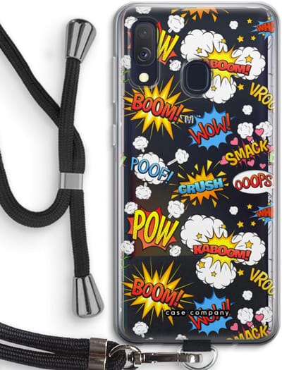 Case Company® - Hoesje met koord geschikt voor Samsung Galaxy A40 hoesje met Koord - Pow Smack - Telefoonhoesje met Zwart Koord - Bescherming aan alle Kanten en Over de Schermrand