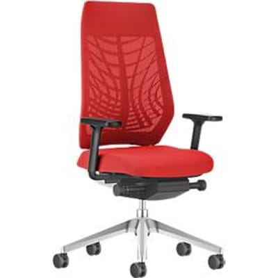 Interstuhl JOYCE is3 bureaustoel, synchroonmechanisme, armleuningen, FlexGrid lendensteun, netrugleuning, vlakke zitting, lichtgrijs/vuurrood
