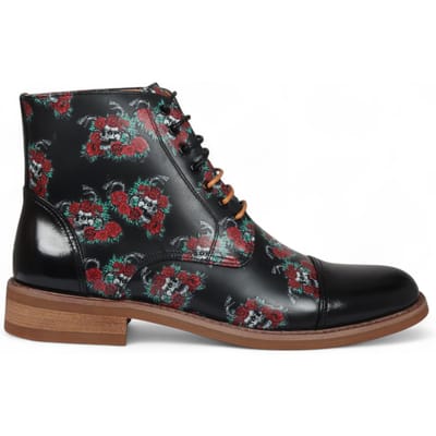Justin Reess Heren Zwarte Oxford Enkellaarsjes van Leer met Bloemenprint - Adam Skull