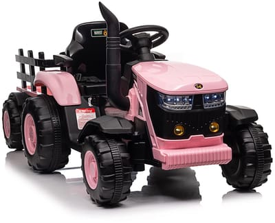 Danky Tractor - Elektrische Kindertractor 12V - Roze - Aanhanger - 6 Banden & 2 Motoren - Bluetooth & LED