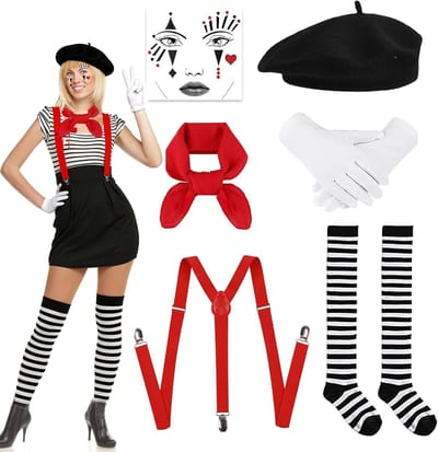Vrouwelijk Pantomime Kostuum Set met Basque Hoed, Sjaal, Handschoenen en Accessoires voor Kerst, Carnaval en Cosplay Feesten