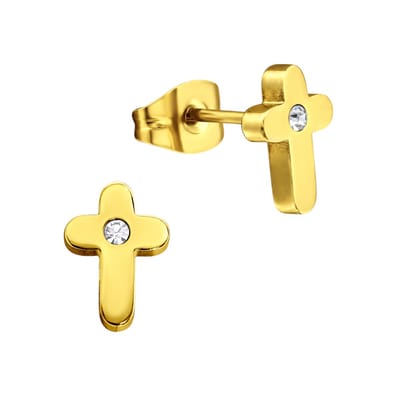 Aramat Jewels | Oorbellen | Kruis Oorbellen Goudkleur met Steentje 9x6mm | | | |6mm | Staal | Kinderen, Volwassenen | Verkleurd niet