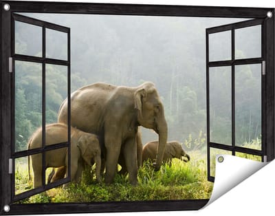 Gards Tuinposter Doorkijk Olifanten Familie in de Jungle - Olifant - 90x60 cm - Tuindoek - Tuindecoratie - Wanddecoratie buiten - Tuinschilderij