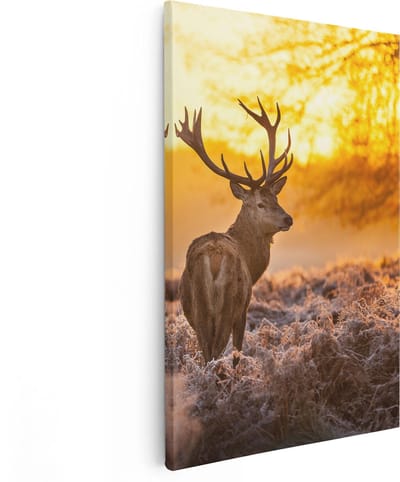 Artaza Canvas Schilderij Hert - 80x120 cm - Groot - Wanddecoratie Bos - Muurdecoratie Gewei - Schilderijen Op Canvas Zonsopgang