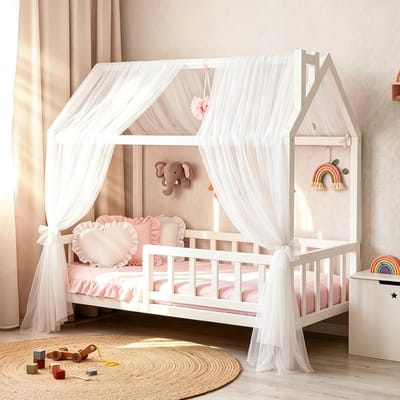 Huisbed met Hemelgordijnen, Set van 2 Tule Bedhemels voor Kinderbed, Decoratieve Hemel voor Meisjes en Jongens, 150 x 350 cm (Wit)
