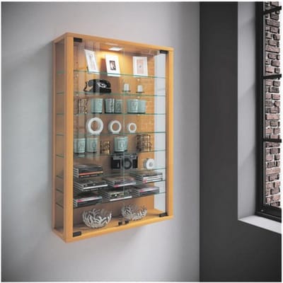Vitrosa Mini wandkast, met LED-verlichting, 8 legplanken, 2 draaideuren, B 590 x D 180 x H 910 mm, glas & hout, decor beuk