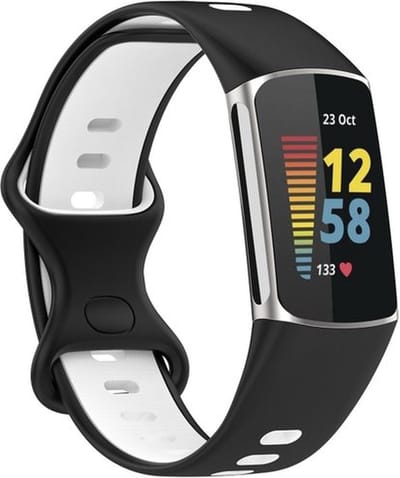 By Qubix - Compatible Fitbit bandje - Geschikt voor Fitbit Charge 5 - Fitbit Charge 6 Sportbandje met dubbele lus - Zwart / wit - Tweekleurig - Maat: L - Horlogeband - smartwatchbandje