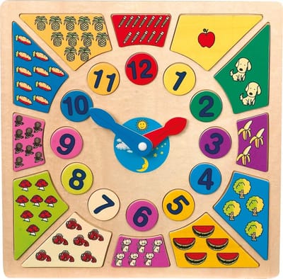 Leerhorloge Hout - Tijd Leren - Cijfers Oefenen - Met Uitneembare Cijfers - 30x30x1 cm - Multicolor