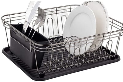 Keuken Smeedijzeren afdruiprek - Afdruiprek voor op het aanrecht - Afdruiprek voor bestek - Afdruiprek voor borden - Roestbestendig droogrek - Bestekmand - Zwart geplastificeerd staal - 36,5*32,5*13,8 cm