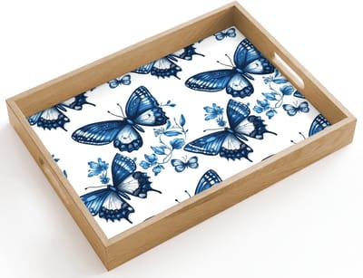 Dienblad hout 40x30 cm - Schootdienblad - Blauw - Vlinders - Bloemen - Wit - Borrelplank rechthoek - Plateau dienbladen