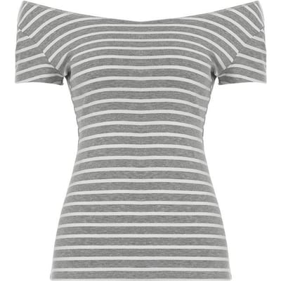 T-Blouse rayée épaules dénudées manches courtes pour femmes coupe confortable col rond quotidien pull bas skinny top M gris clair