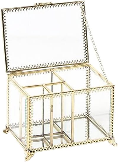 Glazen Opbergdoos - Sieradenhouder - Decoratief Opbergen - Vintage Metalen Frame - 13.5 x 9.5 x 9 cm - Transparant