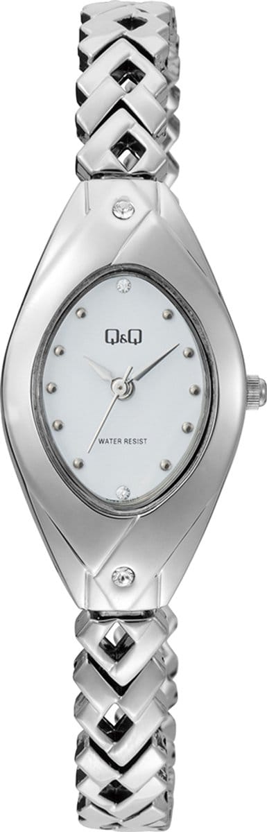 Q&Q F09A-001PY - Horloge - Polshorloge - Analoog - Dames - Vrouwen - Metalen band - Ovaal - Metaal - Stippen - Zilverkleurig - Wit