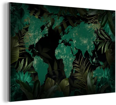 Aluminium schilderij 150x100 cm - Wanddecoratie metaal - Wereldkaart - Groen - Bladeren - Metalen muurdecoratie woonkamer - Decoratie industrieel - Foto op dibond - Industriële accessoires slaapkamer
