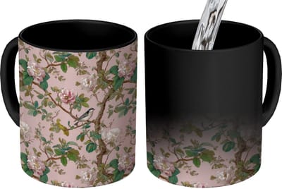 Magische Mok - Foto op Warmte Mokken - Koffiemok - Pioenrozen - Botanisch - Vogel - Magic Mok - Beker - 350 ML - Theemok