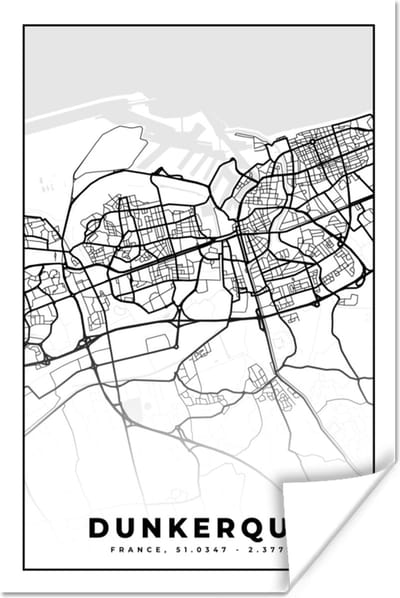 Poster Frankrijk - Dunkerque - Kaart - Plattegrond - Stadskaart - Zwart wit - 120x180 cm XXL