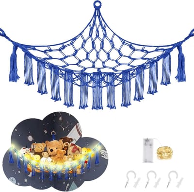 Hangmat Knuffels - Speelgoed Net - Opbergen Speelgoed - Met LED Licht - 150x150 cm - Koningsblauw
