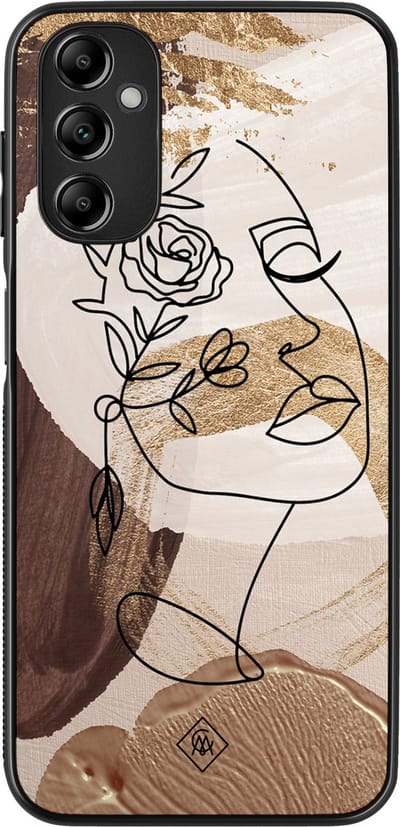 Casimoda® hoesje - Geschikt voor Samsung Galaxy A14 5G - Abstract Gezicht Bruin - Zwart TPU Backcover - Geometrisch patroon - Bruin/beige
