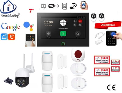 Draadloos / bedraad alarmsysteem met 7-inch touchscreen voor woning/camper/boot/caravan werkt met wifi en sim kaart en met spraakgestuurde apps. (Nederlands of Frans stem en tekst). ST01B-65